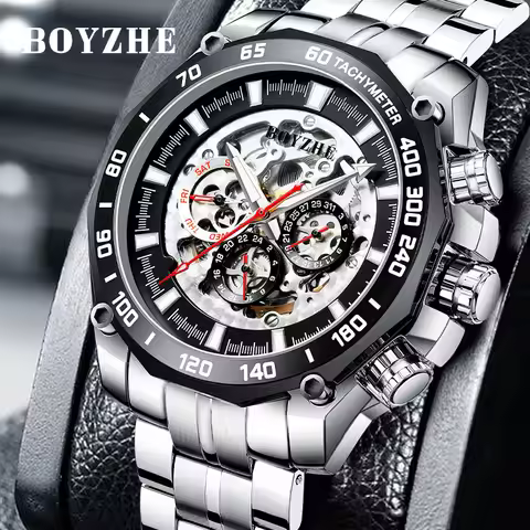BOYZHE Men Watch Top Brand Luxury Sports Mechanical Mens Watches Full Steel Waterproof Luminous Skel