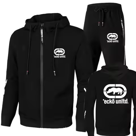 Spring Autumn Men 2Pcs Tracksuit Ecko Unltd Rhino Logo Zip Hooded Sweatshirt + Jogger Pants Urban St