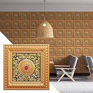Dundee Deco Victorian Floral Gold-Green-Red Glue Up or Lay in, PVC 3D Decorative Ceiling Panel, 2 ft