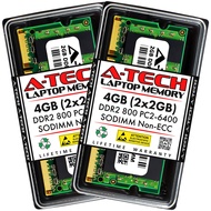 A-Tech 4GB (2x2GB) DDR2 800MHz SODIMM PC2-6400 1.8V CL6 200-Pin Non-ECC Unbuffered Laptop RAM Memory