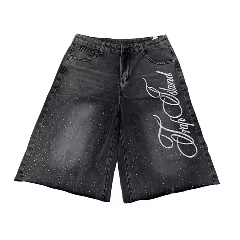 Men Rhinestone Baggy Jean Shorts Y2K Casual Vintage Wide Leg Straight Capri Denim Shorts Hip Hop Str