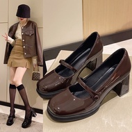 PD9 Women's High Heels Patent Leather Round Toe Mary Jane Shoes Ladies Brown Black Shoes