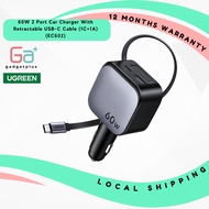 UGREEN 60W 2C1A Car Charger with Retractable Cable, 3-Port Fast Charger