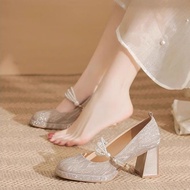 新娘婚鞋单鞋婚纱两穿方头防水小个子香槟色高跟鞋玛丽珍珠女鞋Bride Wedding Shoes Single Shoes Wedding Dress Two-way Waterproof Small