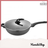 [LOCAL READY STOCKS] iGOZO EPSILON 32CM NON-STICK PREMIUM GRANITE STIRFRY WOK + GLASS LID KUALI (FREE WOODEN SPATULA)