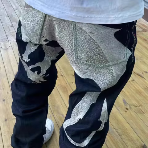 Heavyweight Embroidery RMC Silver Dragon Unbranded Original Bull Ear Cuffed Slim Fit Men's Jeans You