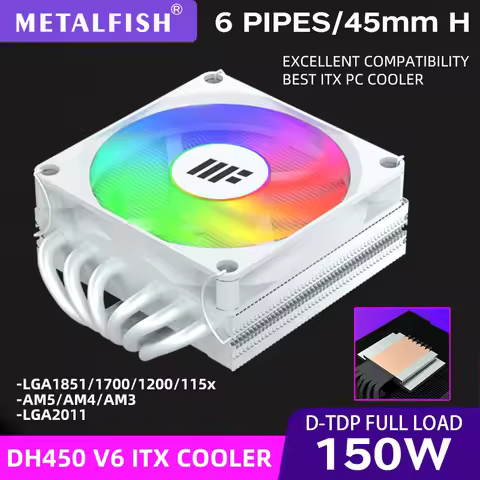 METALFISH DH450 45mm Low Profile CPU Cooler 6 Heatpipes ITX CPU Radiator 9CM PWM Fan,For LGA 1700 12