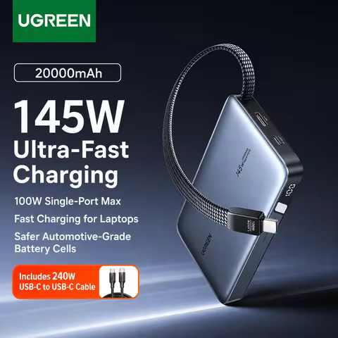 UGREEN SuperBlock 145W Laptop Power Bank with Built‑in C‑Cable, 20000mAh PD 100W Fast Charge, 3C Cer