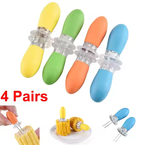 4 Pairs Corn Holders BBQ Grill Rotating Handles - Non-Slip Soft Grip & Stainless Steel Prongs, BBQ P