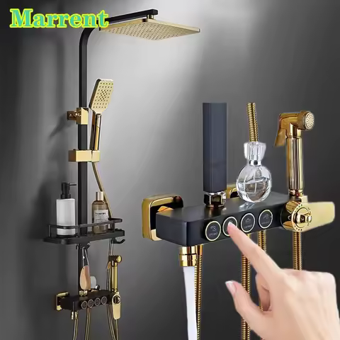 Thermostatic Shower Set Quality Brass Hot Cold Bathroom Mixer Faucets Tap Rainfall Shower Head Black