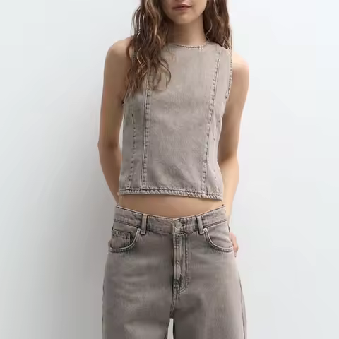 Gaono Women's Denim Tank Tops Fitted Solid Color Round Neck Open Back Tie-Up Sleeveless Shirt for Su