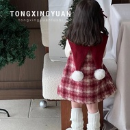[Ready Stock] Female Kids Fleece Anniversary Dress/Red Plaid Vest Dress
