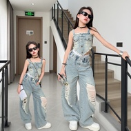 Girls 2024 Summer Retro Denim Suit Hong Kong Style Camisole Broken Two-Piece Suit Middle Big Kids Ho