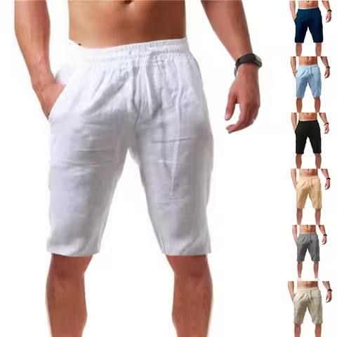 Men's Cotton Linen Shorts Pants Male Summer Breathable Solid Color Linen Short Trousers Fitness Stre