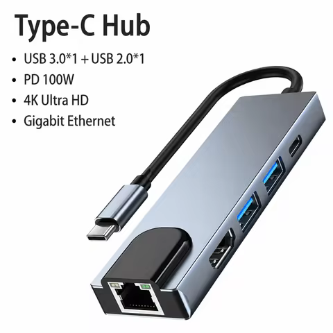 Type-C Five-in-One Expansion Dock USB Hub for 100M Tablet Notebook Multifunctional USB Extension Doc