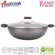 Amercook 40cm Induction Non Stick Wok with Self Standing Glass Lid + Wooden Spatula / Wok Pan / Larg