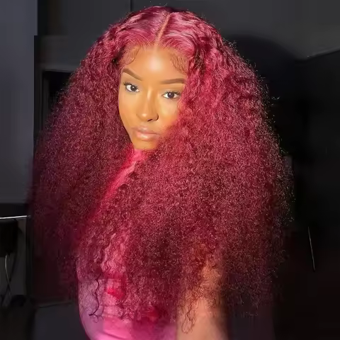 46 Inches Burgundy 99J Deep Wave 13x6 HD Lace Frontal Wig Curly Human Hair Wigs 200% Density 13x6 HD