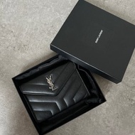 【日本直送 名牌中古包】Yves Saint Laurent YSL 聖羅蘭 零錢包 黑色 YSL 皮革 羅紋縫線 2kycf2