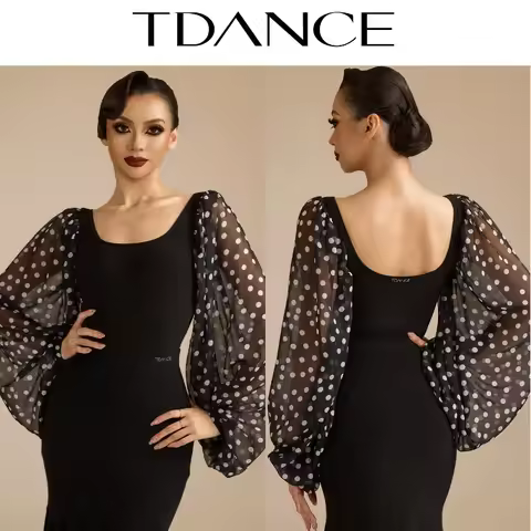 Customized TDANCE Modern Dance Top Latin Practice Dress [Polka Dot Square Collar Lantern Sleeve Jump
