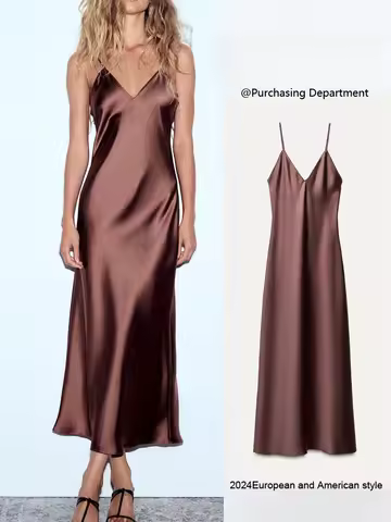 Faionable Silk Satin V-Ne Midi Dr Women's New Arrival Autumn Season l Waist A-Line Skirt No Sve Mid-