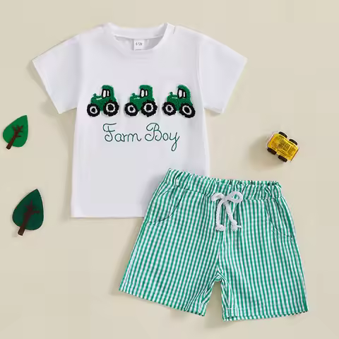 Baby Boy Summer Clothing Set Toddler Kids Baby Boy Tractor Embroidery Print T-shirt+Plaid Shorts Pan