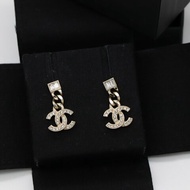 Chanel 香奈兒 CC Logo 水鑽 小方糖 淡金 耳環 耳釘