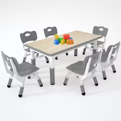 Kids Study Table and 6 Chairs Set,Height Adjustable Table and Chairs for Children and Toddlers,47.2"