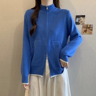 HANLUOGE | Áo Sweater Len Cổ Đứng Đen Có Hai Dây Kéo Cho Phụ Nữ