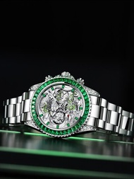 1只男士龍紋盤圓形鋅合金表殼綠色鑲嵌水晶裝飾30米防水鋼帶指針機械錶，適合商務風格或日常裝飾假期佩戴