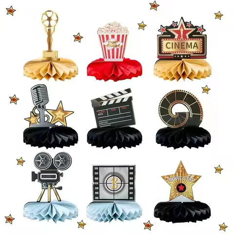 9pcs Hollywood Movie Night Honeycomb Centerpieces, 9Pcs Cinema Themed Table Decor with Popcorn Clapp