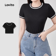 (New) Lovito Casual Tshirt Contrast Tape Spring/summer Black Tshirt for Women L143AD633 Lovito T-shi