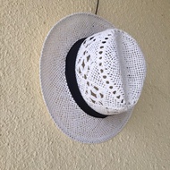 白色織花通花闊邊草帽 藤帽 紳士帽