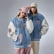 冬季藍色羊羔絨外套 情侶棒球服夾克刺繡棉服