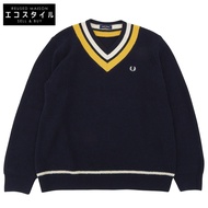 Fred Perry Tilden 男士針織V領棉羊毛上衣，海軍藍x黃色，L碼（二手）