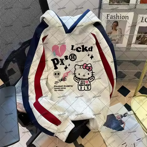 Sanrio Hello Kitty Halloween Skeleton Hoodie For Women Autumn Winter Girl Loose Campus Couple Y2K Cl