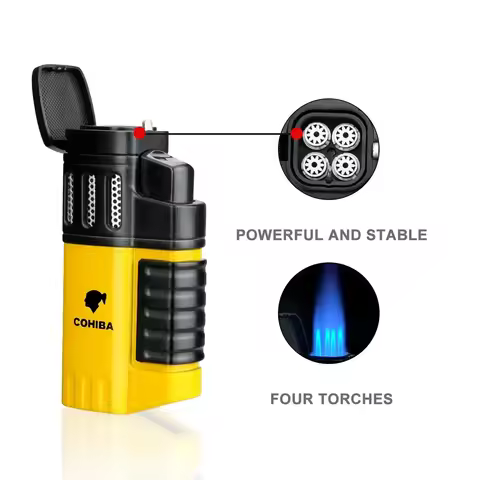 COHIBA Cigar Lighter Outdoor Windproof Butane 4 Jet Turbo Torch Lighter with Cigar Scissors Men's Gi