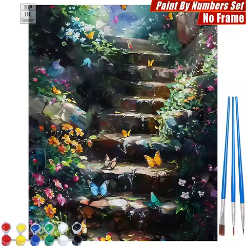 Flower-covered stairs Paint By Number Set - Butterflies dreamy nature Relaxing Activities Thanksgivi
