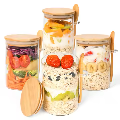 F5 Round Glass Storage Jar Overnight Oats Airtight Containers With Lid With Spoon Pudding Salad Cere
