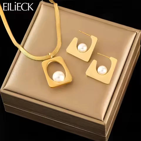 EILIECK 316L Stainless Steel Geometric Pearl Necklace Earrings Trendy For Women New Party Gift Gold 