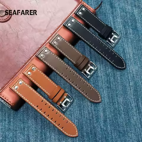 20mm22mm Double Row Hole Leather Straps for Hamilton Seiko Watch Band Rivet Mens Military Pilot Khak