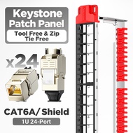AMPCOM 1U แผงกระจายสายไฟหลัก24พอร์ตแร็คเมาท์แบบ STP พร้อมบาร์การจัดการสายเคเบิลด้านหลังโหลดเต็ม24ชิ้