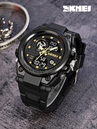 SKMEI1入組黑色TPR聚氨酯帶運動秒錶鬧鈴防水圓形錶盤數字手錶,適用於戶外