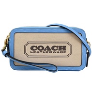 COACH CI026 品牌LOGO帆布拼接手提/雙拉鍊斜背包.藍邊