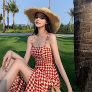Split Houndstooth Sling Dress Women Dress
