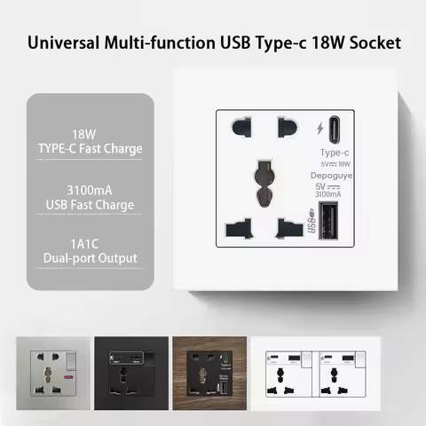 Universal 18W Type-C Quick Charge 3/5-Pin Socket, UK Wall Electrical Outlet with USB Charger, White 