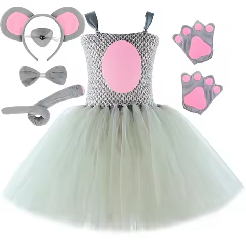 Grey Mouse Rat Costume Kids Tutu Dress with Ears Headband Tail Bow Tie Nose Gloves Girls Halloween C
