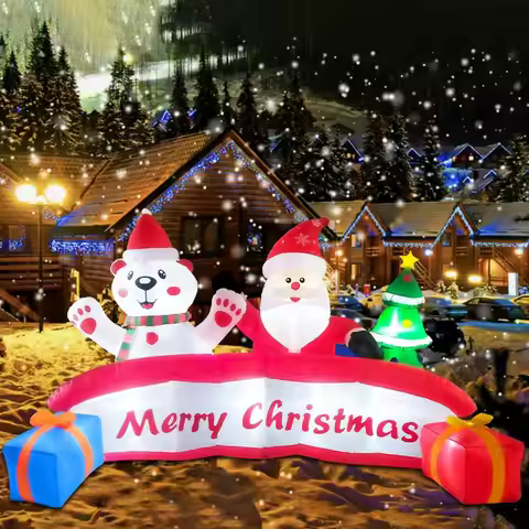 10 FT Inflatable Merry Christmas Banner Sign with Santa Claus Polar Bear Christmas Tree Outdoor Infl