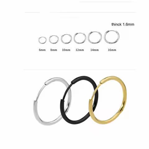 From 6 To 8mm Stainless Steel 1.6mm Classical Round Hoop Earrings Black Steel Gold Color Earring IP