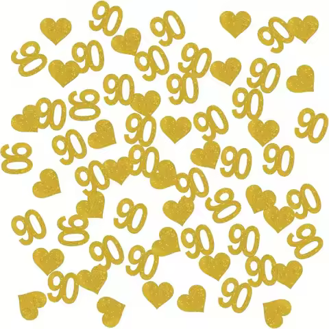 100pcs Number 90 Gold Glitter Confetti, Ninety Years Paper Decorations, 90th Anniversary Cheers to 9
