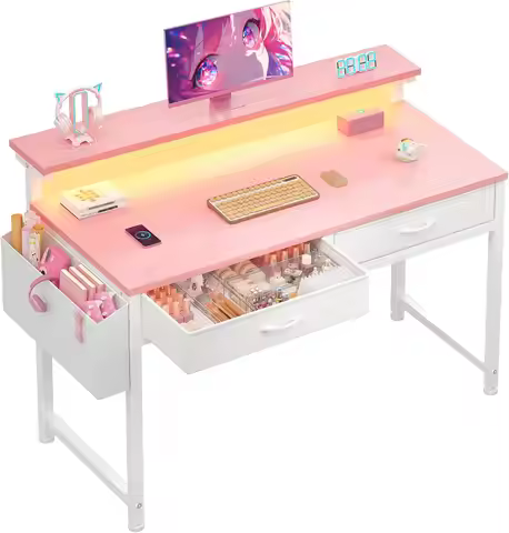 31 Inch Small Computer Desk with LED Lights & 2 Fabric Drawers, Gaming Desk with Side Pocket & Ergon